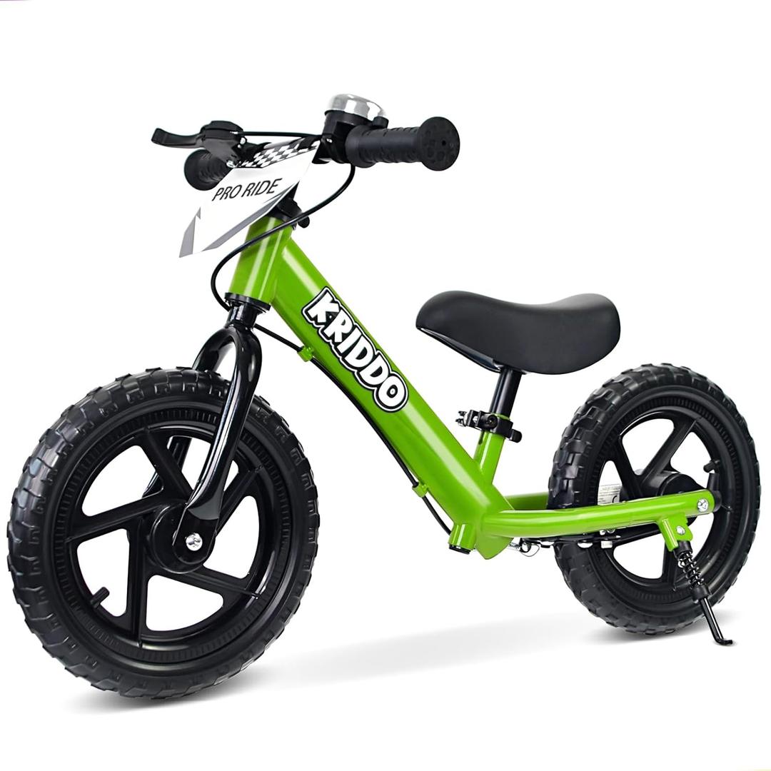 KRIDDO Pro Toddler Balance Bike 2+ Year Old with Hand Brake and Kickstand, 12 Inch Push Bicycle, Gift Bike for 25 Boys Girls, Green
