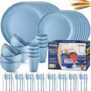 Wheat Straw Dinnerware Sets,64-Piece Plates and Bowls Sets for 8-Unbreakable,Reusable Plastic Dish Set-Dinner Plate/Dessert Plate/Cereal Bowl/Cup/Utensils-Microwavable Dishwasher Safe 64P-Blue