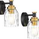 zeyu Wall Sconces Set of 2, 1-Light Bathroom Light Fixtures, Modern Vanity Light Wall Lamp with Water Ripple Glass Shade, Black and Gold Finish, ZG33B-2 BK+BG-WG