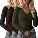 Oakgarden 3 Pack Women's Long Sleeve Tops, Sweetheart Neck Knit Basic Shirts Slim Fit Casual Fall Going Out Tee Size XXL