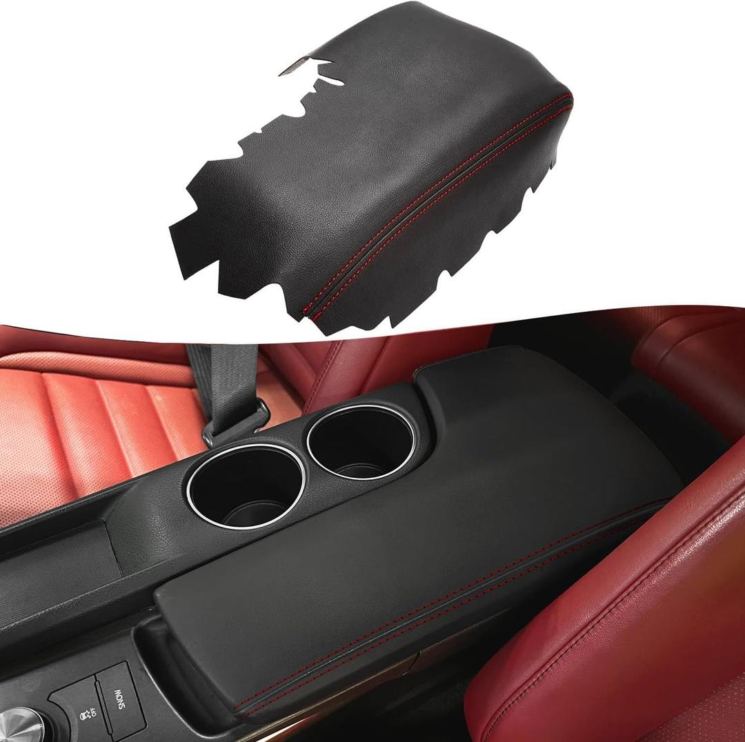 KBH Center Console Armrest Cover Replacement for Lexus IS200t IS250 IS300 IS350 2014 2015 2016 2017, Middle Console Arm Rest Lid Skin Upholstery, Vinyl Leather, Black-Red Stitch