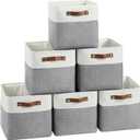 Cube Storage Baskets 6 Pack, 11x11 inch Foldable Cube Storage Bins with Leather Handles for Shelf Closet Nursery Toys (White/ Gray)