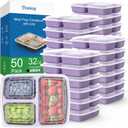 50 Pack (100-Piece) 32 oz Meal Prep Containers Reusable with Lids 3-Compartment, To Go Take Out Plastic Food Storage Containers, Sturdy Leakproof Food Safe, Microwave Freezer Dishwasher Safe, Lilac