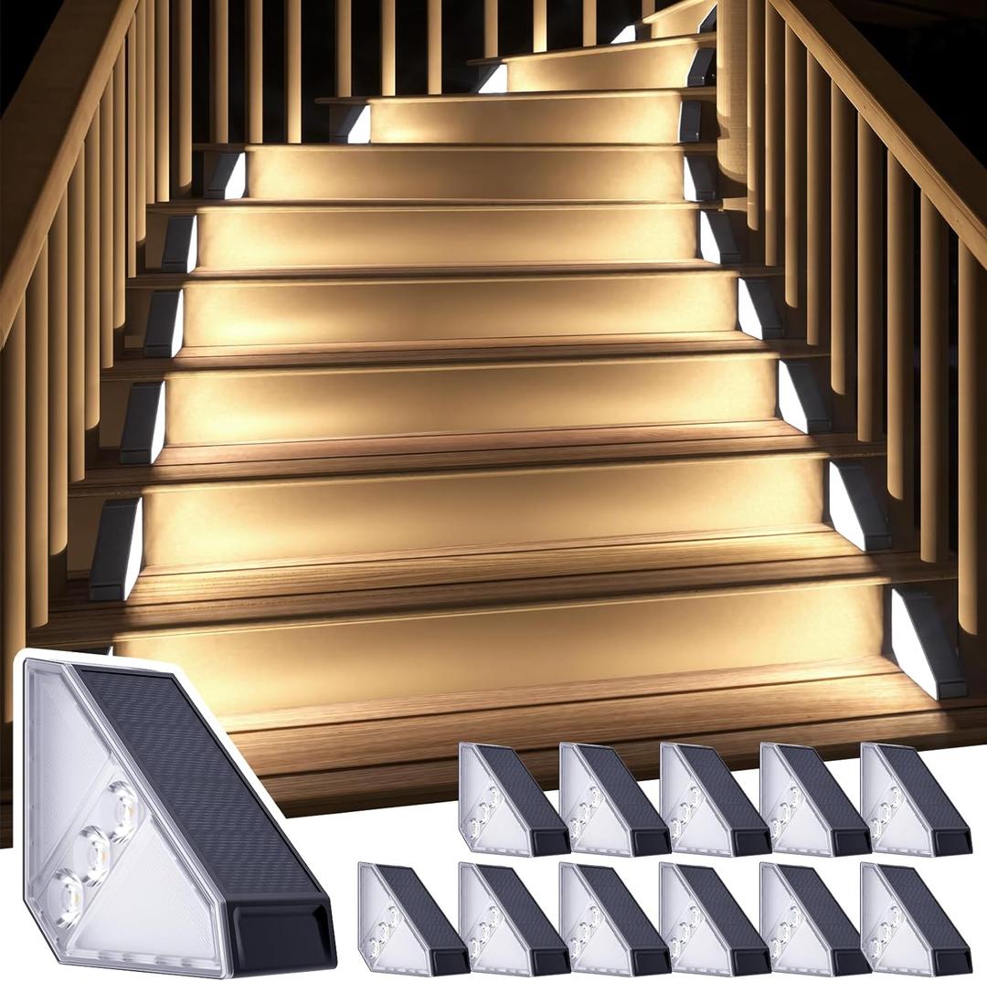 ROSHWEY Solar Stair Lights Outdoor Waterproof, 12 Pack Solar Powered Step Lights for Outside, Triangle Deck Step Light, Outdoor Decor Lighting for Front Porch, Backyard, Patio, Cool White