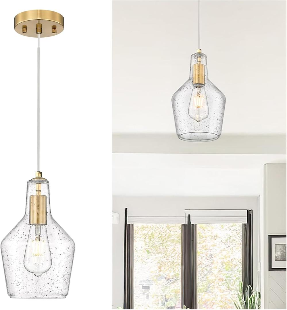 Emliviar 11 Inch Farmhouse Pendant Light Fixture, 1-Light Hanging Kitchen Lighting with Seeded Glass, Brushed Gold Finish, DYE286G2-MIL BG