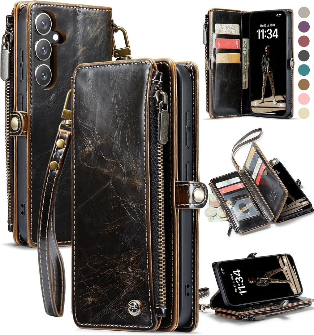 Defencase Compatible with Samsung Galaxy S24 FE Case Wallet with RFID Blocking Card Holder for Women Men, PU Leather Magnetic Snap Flip Zipper Strap Wallet Phone Case for Galaxy S24 FE 5G 6.7", Coffee