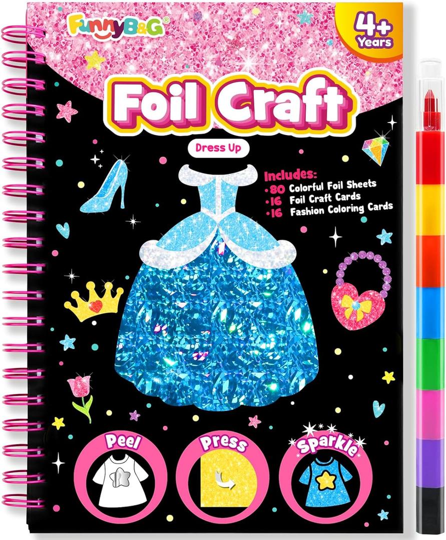 FUNNYB&G Foil Art Craft Kit for Girls 4-10 Years Old: Mess-Free & No-Glue, Create 16 Sparkly Dress Up Pictures Perfect Travel Toy & Birthday Gift for Kids (Dress Up)