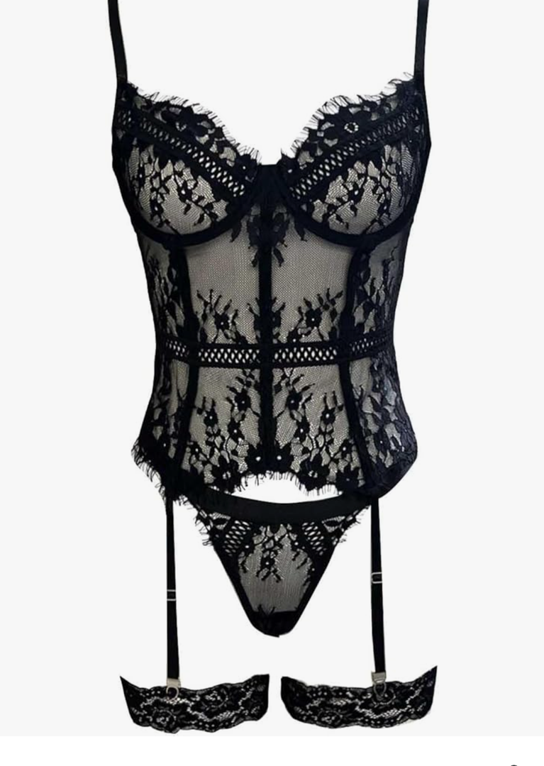 Women Sexy Lingerie Set Lace Sheer Corset and Panty Outfits Garter Bodysuit Sets Boudoir Outfit
Size M