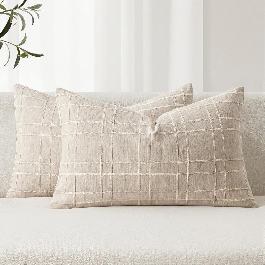 MIULEE Decorative Linen Check Lumar Throw Pillow Covers Neutral Farmhouse Vintage Pillow Covers 12x20 Set of 2 Boho Modern Home Decor for Sofa Couch Bedroom Cushion Natural Beige