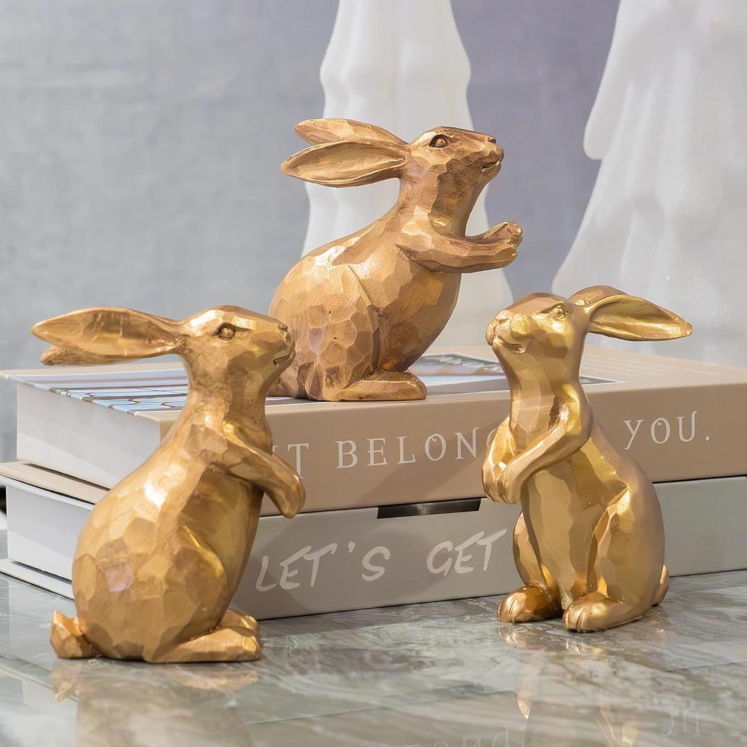 NEROSUN Resin Vintage Gold Bunny Decor Rabbit Figurines, Small Easter Bunny Figurine Set of 3, Vintage Easter Rabbit Statue Table for Home Decoration