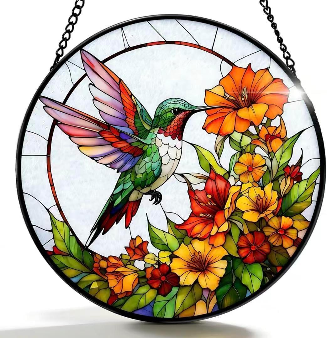 Stained Glass Window Hanging - Hummingbirds are Collecting Nectar 6.3 Inches Suncatcher for Garden Home Decor for Women Mon Grandma Friends