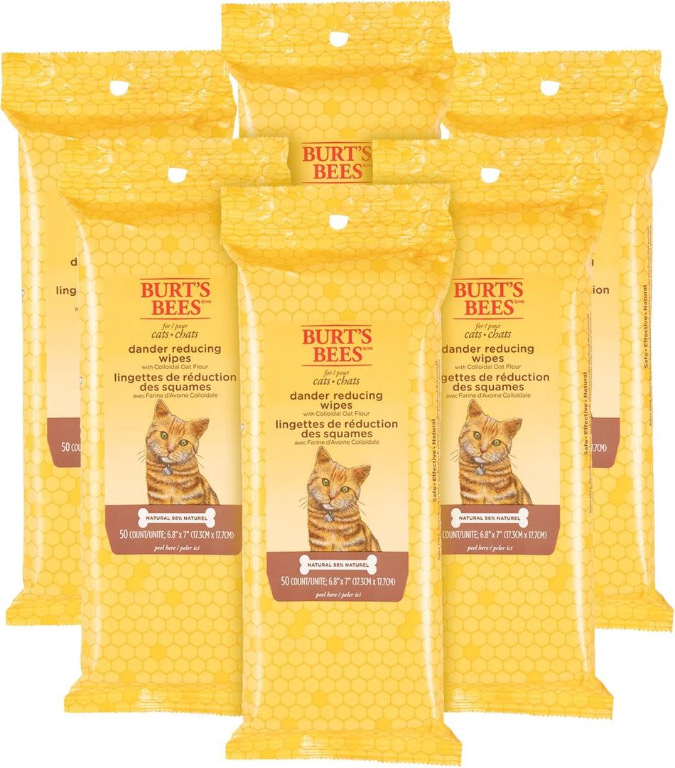 Burt's Bees for Pets Cat Dander Remover Wipes with Colloidal Oat Flour - Pet Dander Remover Cat Wipes for Allergy Relief, Dry Skin Relief for Cats and Kittens, 50 Count - 6 Pack