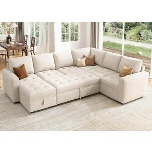 HONBAY Sectional Sleeper Sofa Couch with Pull Out Bed, Convertible L Shaped Couch with Storage, Sleeper Sectional Sofa Bed for Living Room, Beige