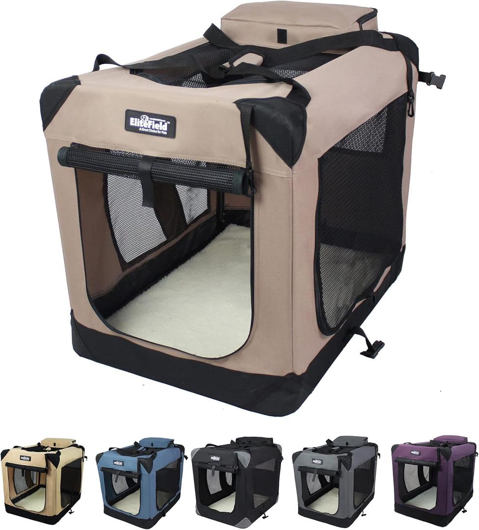 EliteField 3-Door Folding Soft Dog Crate with Carrying Bag and Fleece Bed, Indoor & Outdoor Pet Home (30" L x 21" W x 24" H, Khaki)
