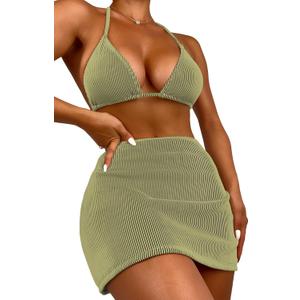 SweatyRocks Women's 3 Piece Zebra Striped Bikini Swimsuit Set & Beach Skirt Set Bathing Suit (Large, Olive Green)
