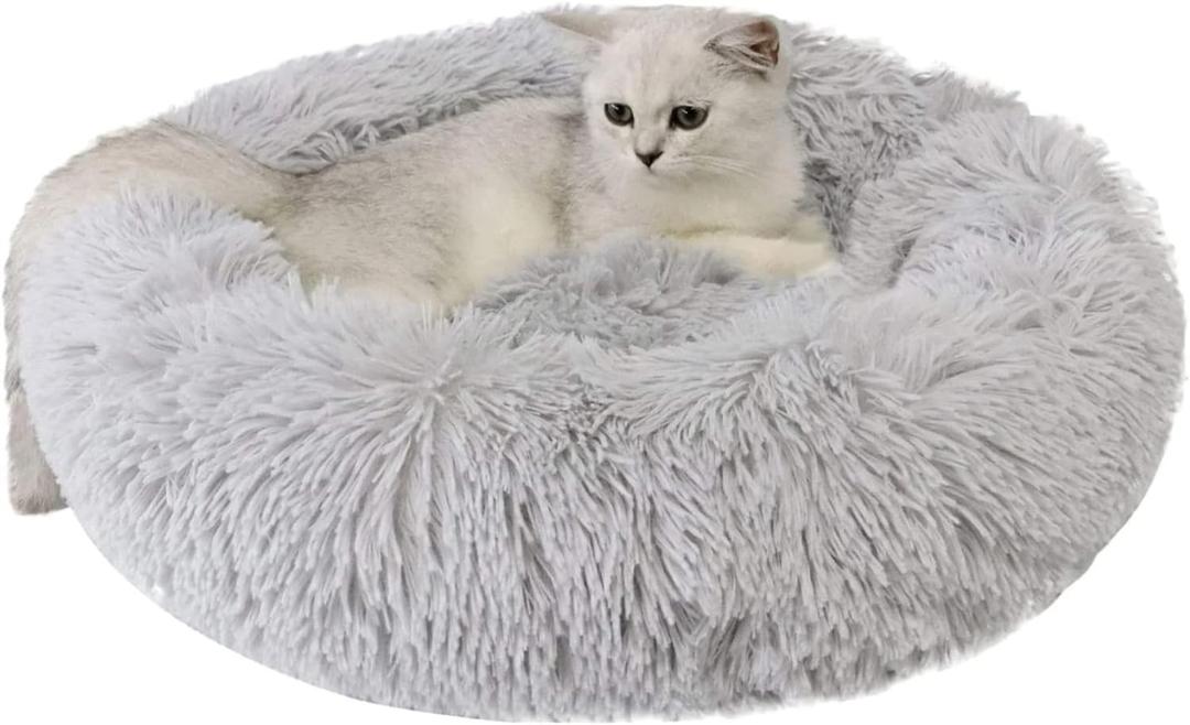 Large Cat Beds for Indoor Cats - Dog Bed Washable 24 inches for Small Medium Dogs, Anti Anxiety Round Fluffy Plush Faux Fur Cat Bed, (Large 24" L x 24" W) (Large 24"L x 24"W, Light Grey)