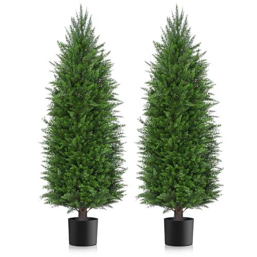 AOKIIE 2 Pack 5FT Artificial Topiary Cedar Plants Outdoor (With Backets), Faux Pine Trees UV Resistant and Potted, 72 Inch Tall Fake Shrubs Evergreen for Front Porch Decor + 3Ft Artificial Topiary Cedar Plants Outdoor 2 Pack (Without Backet), 4 Pcs