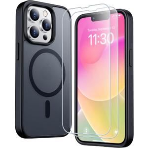 SPIDERCASE for iPhone 14 Pro Case, Magnetic Translucent Matte Case with 2PCS Tempered Glass Screen Protector Slim Phone Case for iPhone 14 Pro 6.1'', Black