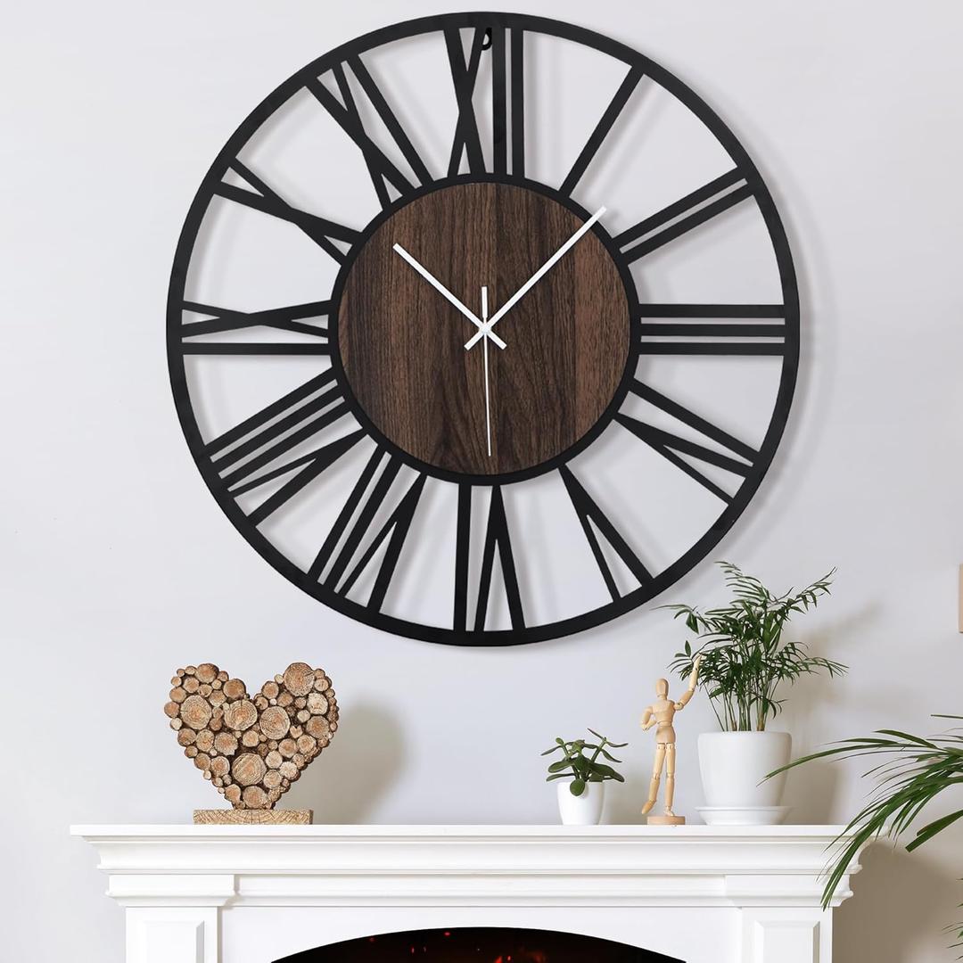 Large Wall Clock for Living Room Decor, 14 Inch Non Ticking Silent, Battery Operated Modern Vintage Oversized Wall Clock for Bedroom Kitchen (Dark Brown - Roman Numbers)