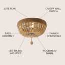 JONATHAN Y 14" Light Taupe and Polished Nickel 2-Light Wood Bead Iron Flush Mount, Farmhouse Bohemian Ceiling Light for Bedroom Hallway, UL Listed, LED Bulbs Included JYL1307A, 14.0 in