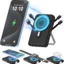 Wireless Portable Charger 10000mAh,3-in-1 Magnetic Power Bank with Built-in Cables LED Display,22.5W Fast Charging Mag-Safe Battery Pack for iPhone 15/14/13/12, Apple Watch Series, Airpods (Black)