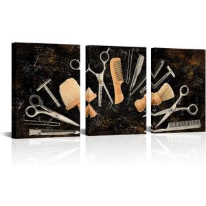 NutArtPic Barber Canvas Wall Art Hair Salon Artwork Painting Prints Vintage Haircut Tools Picture Black Barber Shop Pictures Fashion Beauty Salon Decor for Hair Stylist 12"x16"x3pcs (Black)