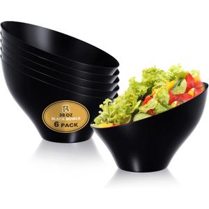 R-kay 6 Pack Black Large Plastic Bowls - Premium Plastic Serving Bowls Heavy Duty For Weddings Catering, Parties, And All Occasions 36 Oz (Black, Large)
