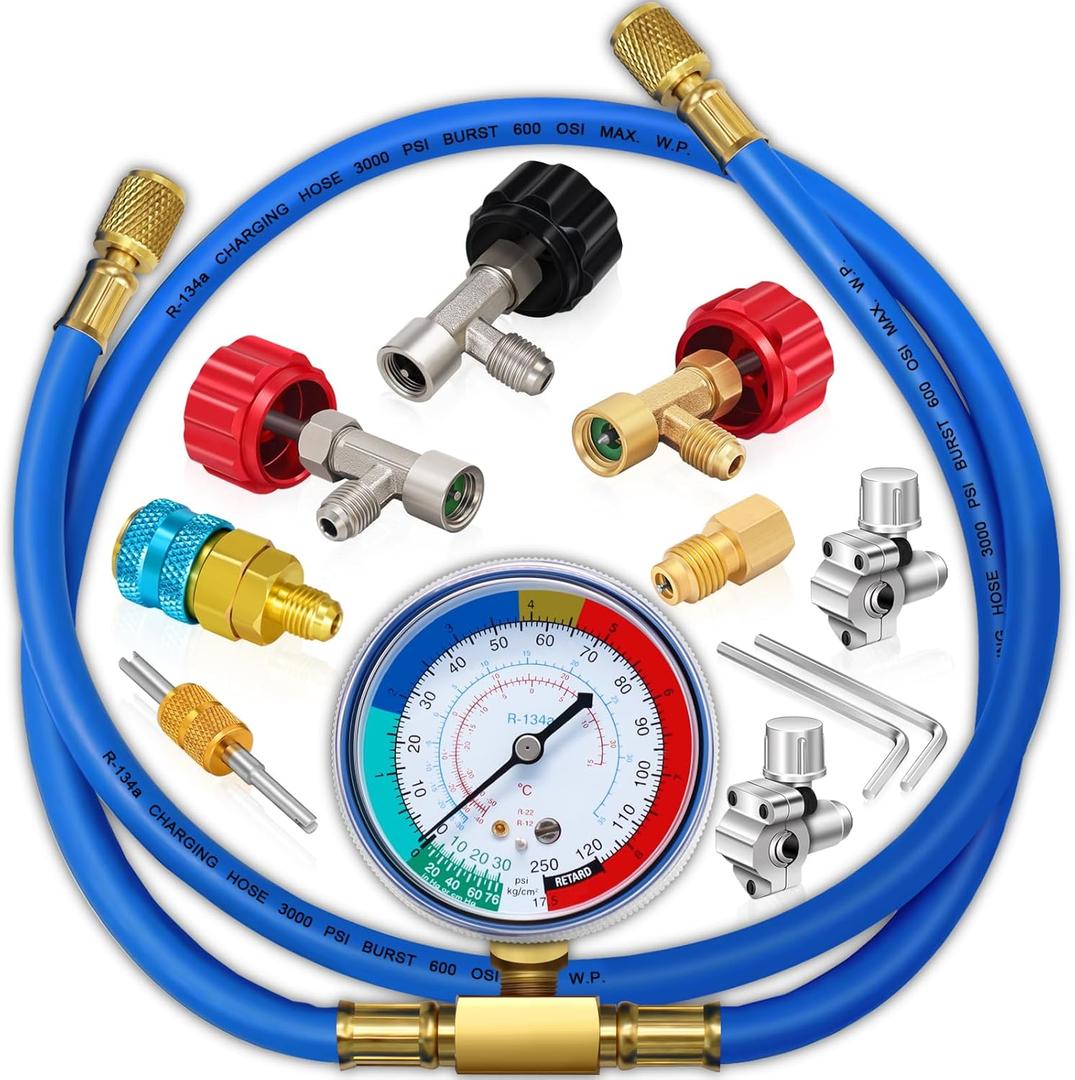 Boltigen R134a Refrigerant Recharging Hose with Gauge, A/C R134A Refrigerator Freon Recharge Kit with Bullet Piercing Valves, R134a R12 R22 Can Tap Valves, R134a Quick Coupler