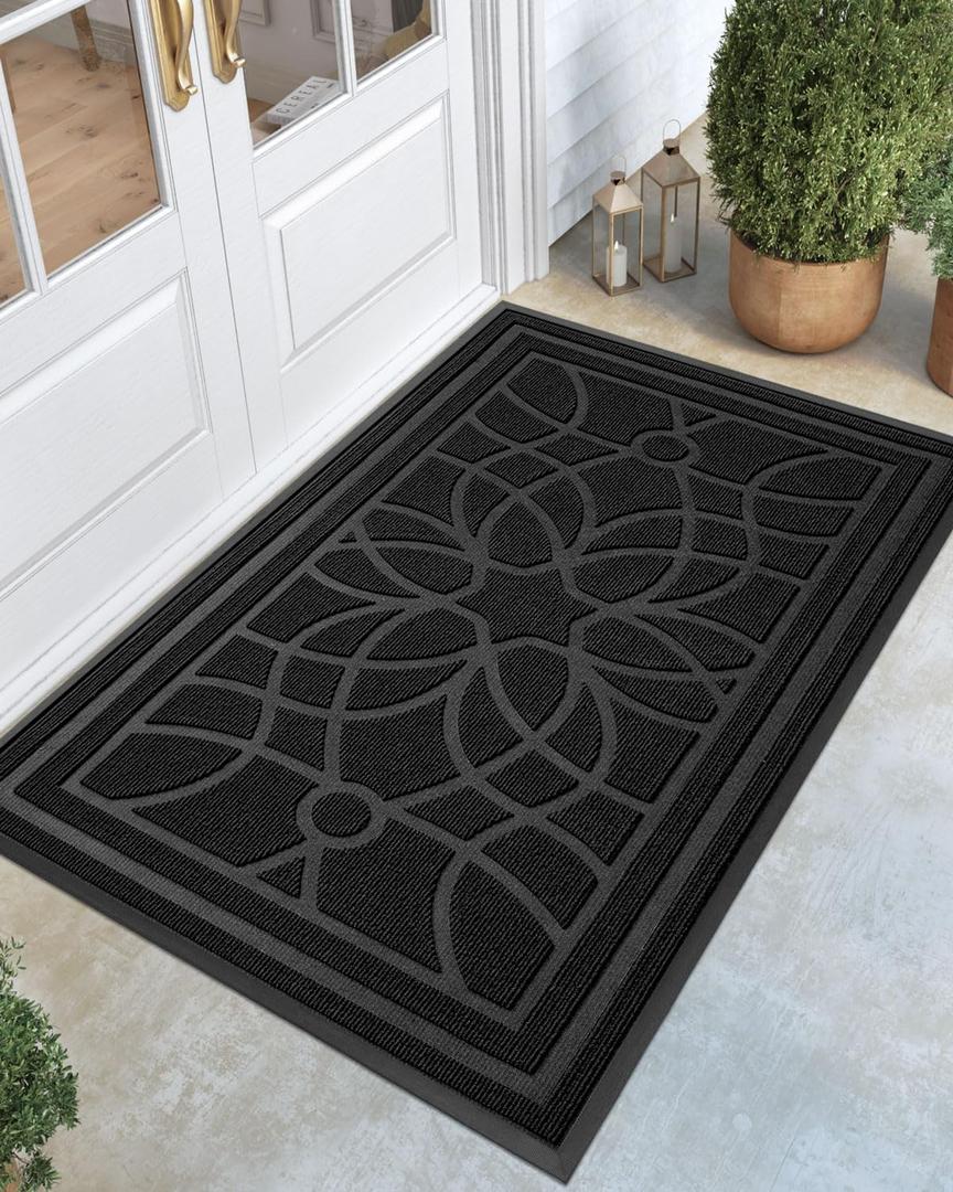 DEXI Front Door Mat Outside Entrance, Heavy Duty Non Slip Low Profile Doormat for Entryway, Trap Dirt and Moisture Welcome Mats, Easy Clean, Patio, Garage, 5x3, Black
