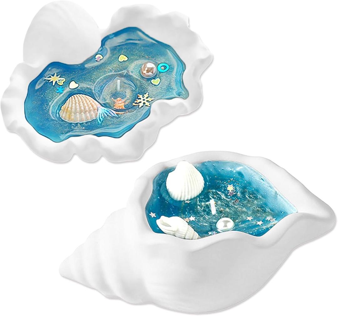 Shell Candles, 2-Pack Scented (Bluebell & Frangipani), Ocean-Inspired Soy Candles in Reusable Seashell Holders, Blue & White Coastal Bathroom Decor & Beach House Gifts