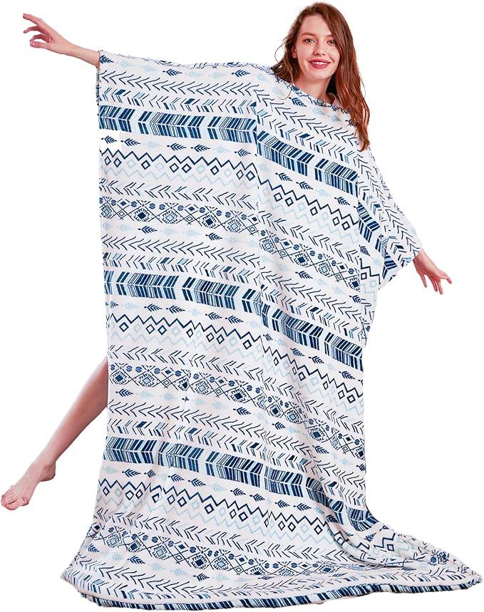 DaysU Micro Flannel Wearable Blanket with Pullover Closure, Sleeves and Sherpa Foot Pocket for Adults, Women and Men (Bohemian Stripe)