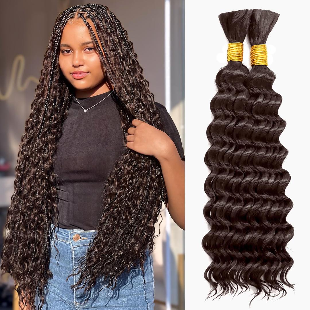 Deep Wave Bulk Dark Brown Braiding Hair 200G Water Wave Boho Curls Hair for Goddess Box Braids 2 Bundles Per Pack 20 Inch Wet and Wavy Hair for Micro Braiding No Weft