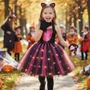 Black Cat Costume for Girls LED Light Up Dress with Ears Headband Lavaliere Claw Holder Tail Bowtie Tutu