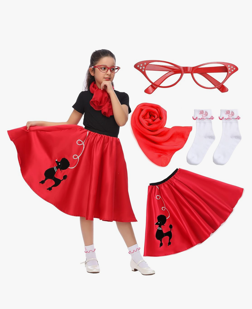 Kids Sock Hop Costume, Girls 1950s Dress Costume, 50's Poodle Skirt with Scarf,Socks, XL