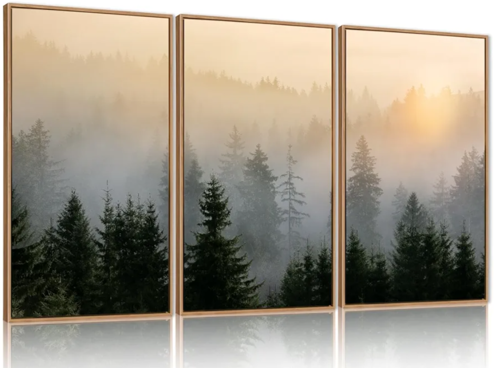 FWIEXA Misty Forest Wall Art Set Framed, Large Mountains Canvas Wall Decor, Green Nature Wall Painting, Foggy Tree Landscape Artwork 3 Panel 24x36 Inches for Living Room, Bedroom, Office, Gift