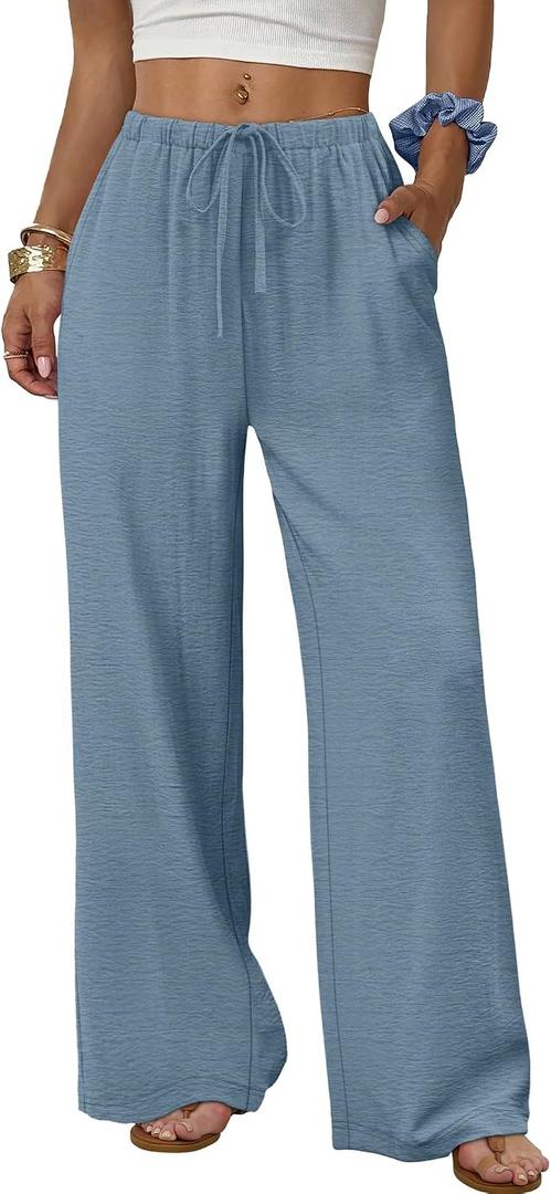Sampeel Wide Leg Pants for Women Flowy Palazzo Drawstring Elastic Waist Trousers with Pockets Summer Beach Vacation Clothes Small