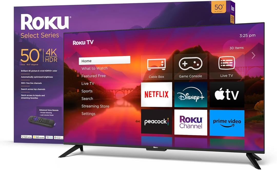 Roku Smart TV  50-Inch Select Series 4K HDR RokuTV with Roku Enhanced Voice Remote, Brilliant 4K Picture, Automatic Brightness, & Seamless Streaming  Live Local News, Sports, Family Entertainment