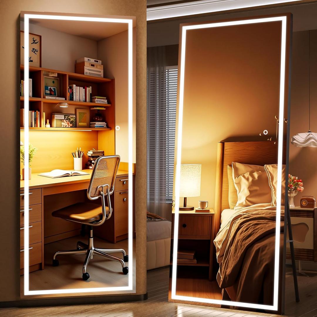 Full Length Mirror with Lights, 81" x 34" Large LED Lighted Floor Standing Body Mirror, Dimmable & 3 Color Lighting for Bedroom, Cloakroom, Dressing Room, Tempered Glass, Square Black
