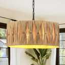 5-Light Boho Rattan Chandelier Light Fixture, 18.7" Large Octagonal Raffia Drum Chandelier Hand Woven Coastal Pendant Light for Dining Room Kitchen Entryway Foyer Bedroom