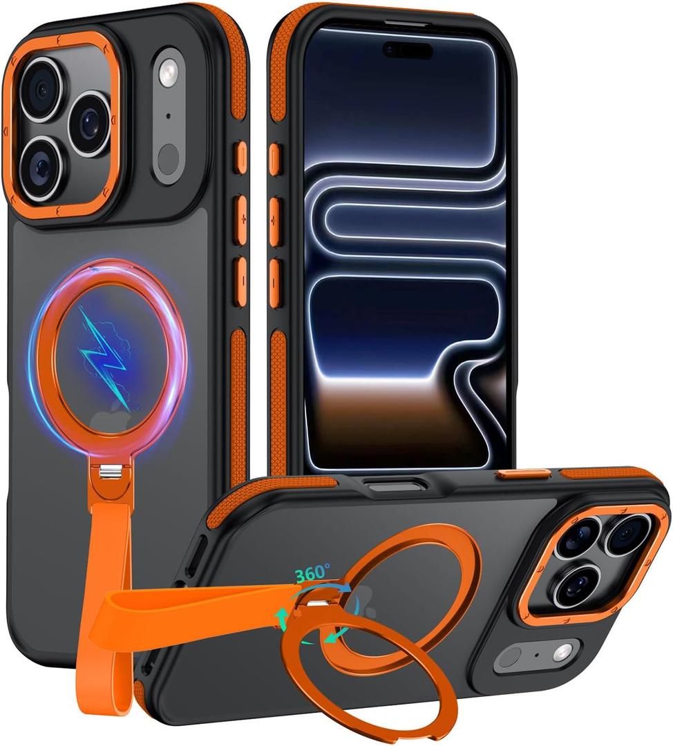 for iPhone 17 Pro Case with 360 Spin Magnetic Stand-Finger Strap, [Fit for MagSafe][Mil-Grade Protection] Ring Holder Kickstand Shockproof Translucent Matte for iPhone 17 Pro 6.3" (Orange)
