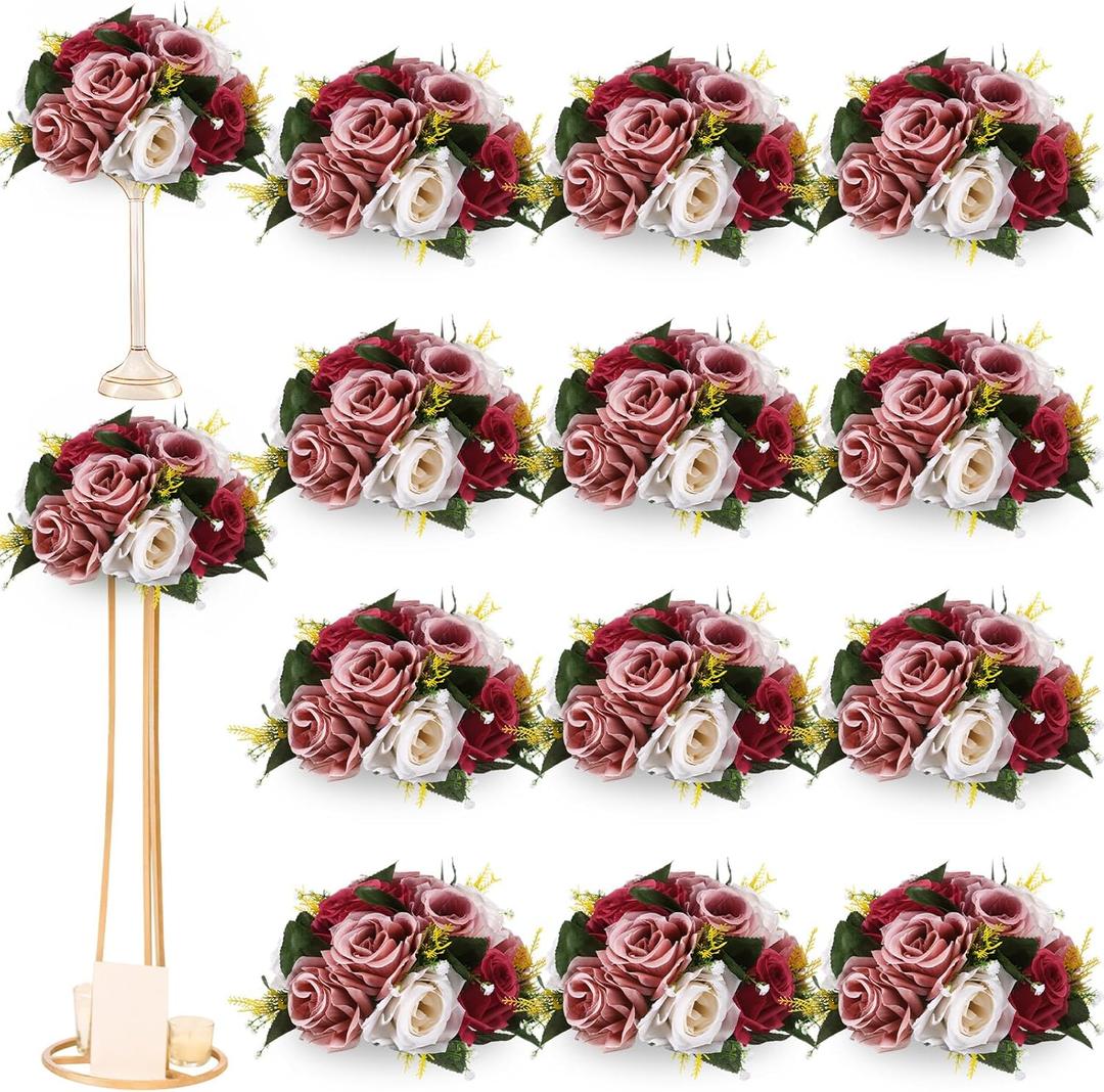 Hotop 12 Pcs Flower Balls Wedding Rose Centerpieces Silk Flower Kissing Balls Arrangement Artificial Hydrangea Flower Bouquet Faux Rose Floral Decoration (Burgundy, Dusty Pink, Creamy White)