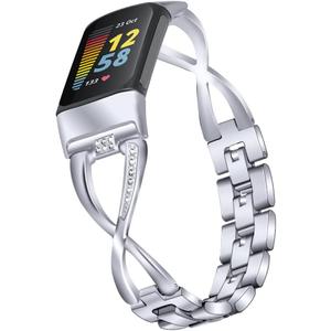 FitTurn Compatible with Fitbit Charge 5 Bands for Women Girl Metal Replacement Charge 5 Band Wristbands Strap with Bling Crystal Diamond Rhinestone Bracelet Bangle for Charge 5 (Silver)