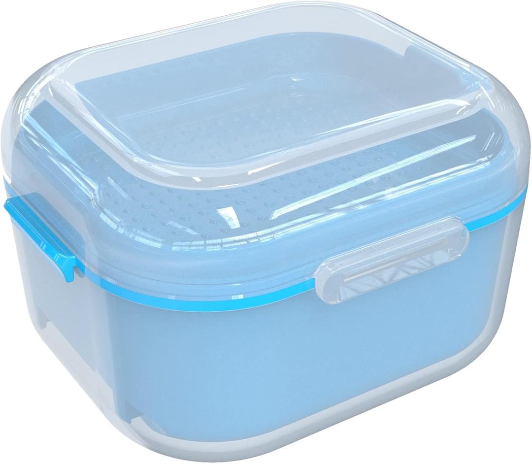ARGOMAX Denture Case, Denture Cup for Soaking Dentures(Not Leak-Proof), Thorough Cleaning of Dentures, Retainer, Mouthguards, Clear Braces (Light Blue). (Transparent Shell+light Blue Inner Tray)