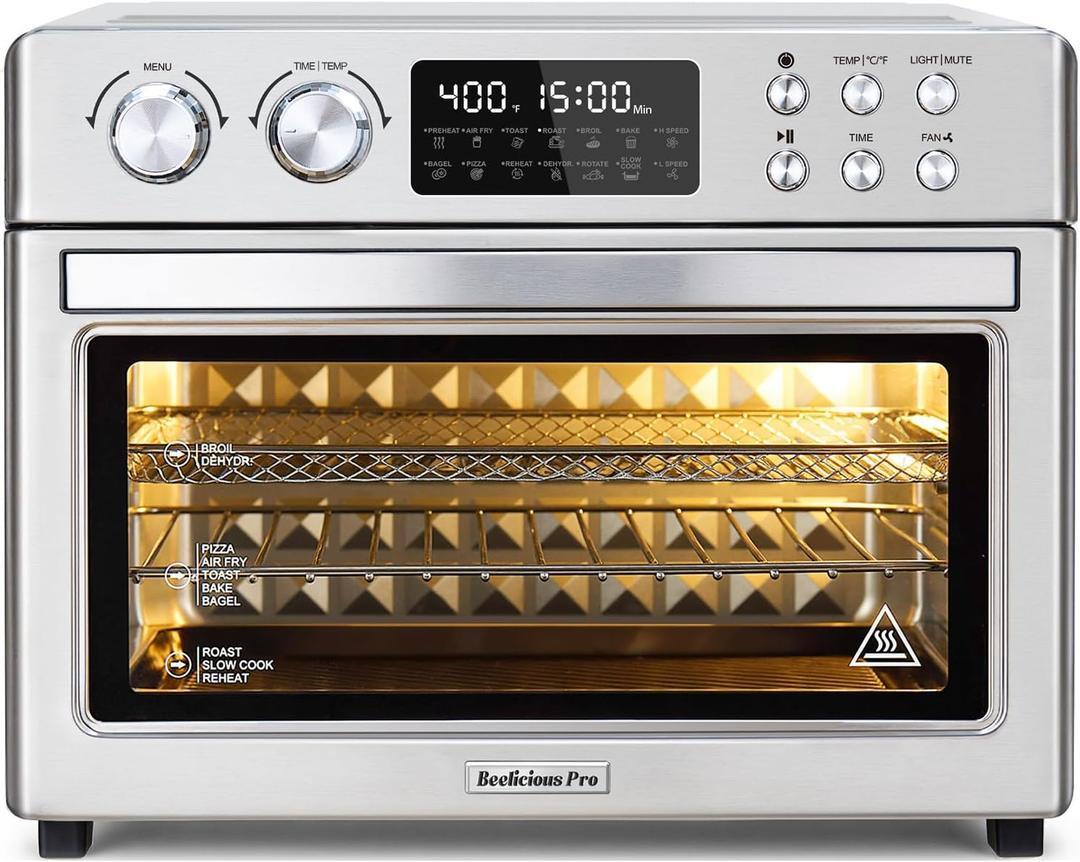 28QT Air Fryer Toaster Oven Combo, Large 12-in-1 Convection Countertop Oven with Next-Gen HeatWave Convection, 3-Layer Cooking, Rotisserie for Chicken, Fits 11" Pizza, All Accessories, Stainless Steel, Extra Large