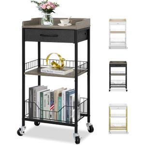 4-Tier Tall Side Table with Optional Wheels, Narrow End Table with Drawer and Shelves, Tall Nightstand for Dorm, 30" High Small Storage Table for Living Room, Bedroom, Bathroom, Black &Grey
