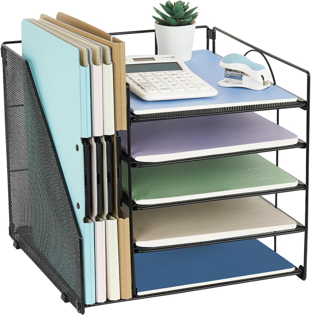 Desk Organizers and Accessories, 5-Tier Paper Letter Tray Organizer with File Holder, Office Supplies for Women, Office Desk Accessories & Workspace Organizers(Black)