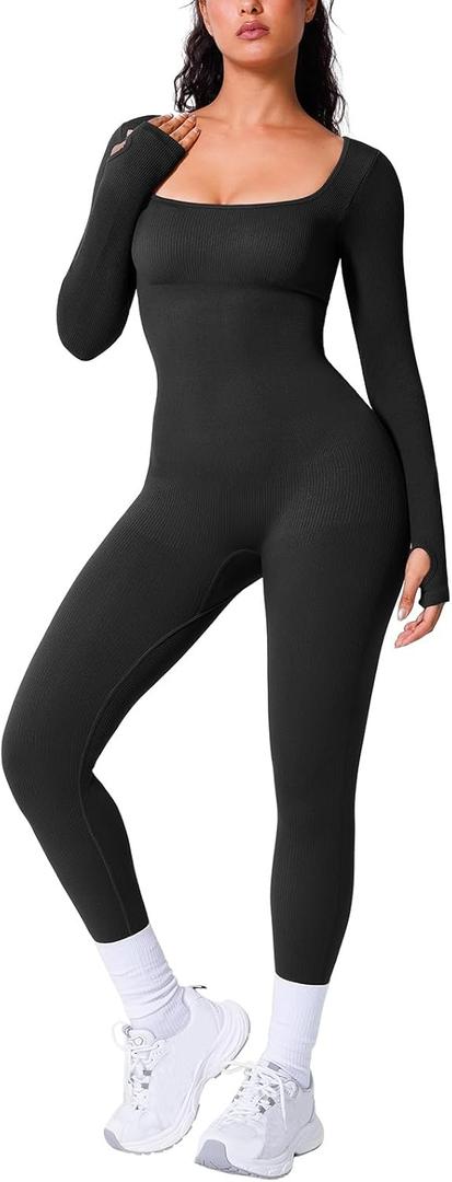 BRXL Long Sleeve Jumpsuit for Women Built-In Bra Workout Yoga Full Body Suits Shapewear One Piece Bodycon Jumpsuits (Large, Black)
