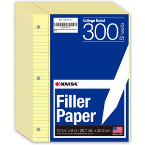 KAISA Loose Leaf Notebook Paper, College Ruled, 300 Sheets Per Lined Paper, 8" x 10.5", 3 Hole Punched for 3 Ring Binder, Canary, Made In USA