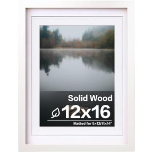 Egofine 12x16 Picture Frame White Covered by Plexiglass Made of Solid Wood, Display Pictures 9x12 and 11x14 with Mat or 12x16 Without Mat for Wall Mounting