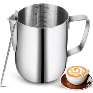 Milk Frothing Pitchers-12oz/350ML Stainless Steel Steaming Pitchers, Scale Coffee/Milk/Cappuccino/Latte Art Barista Steam Pitchers, Milk Jug Cup with Decorating Pen-Silver